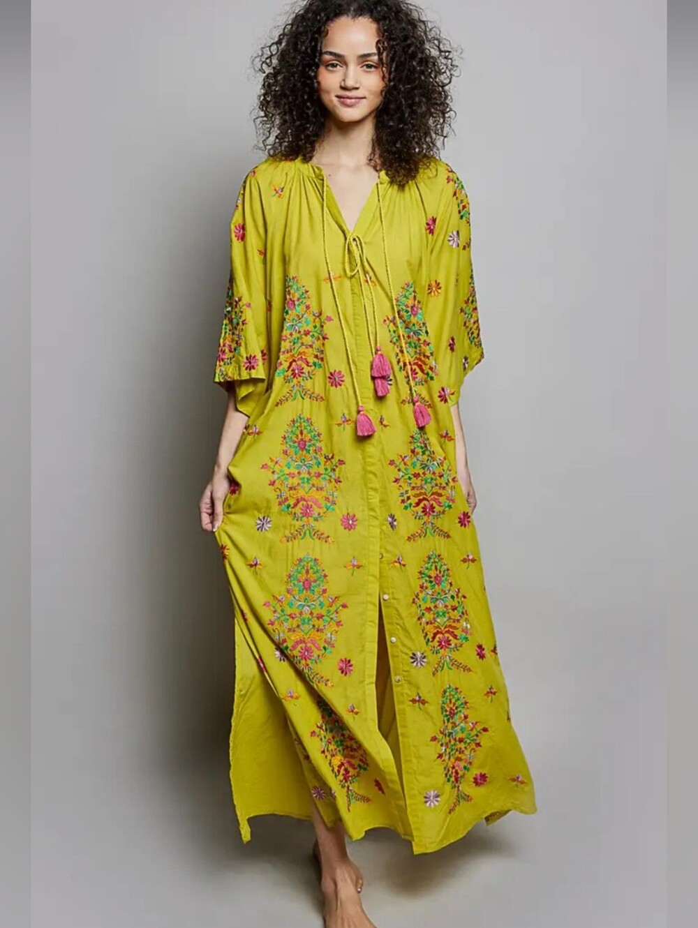 POL Lime Green Embroidered Maxi Dress with Pink Tassels